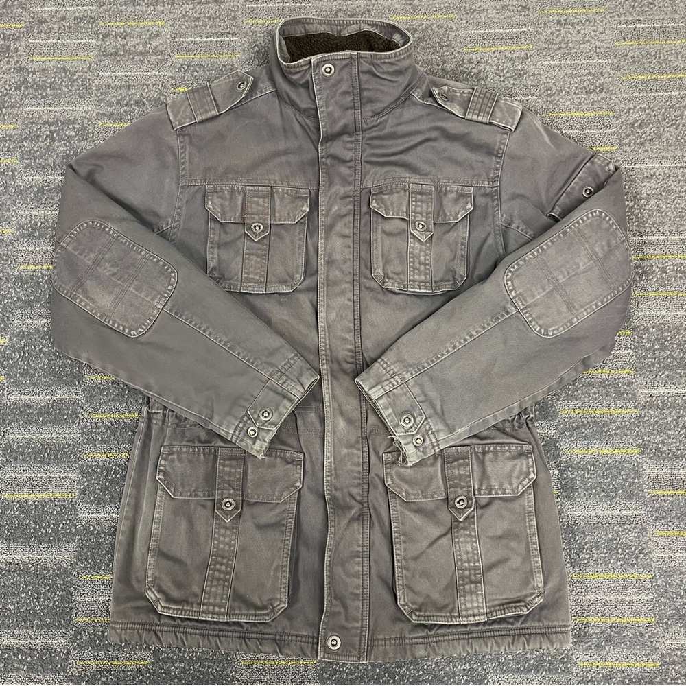 LL Bean Sherpa Lined Cargo Field Jacket Mens Small Gray Military Pockets OJPC6